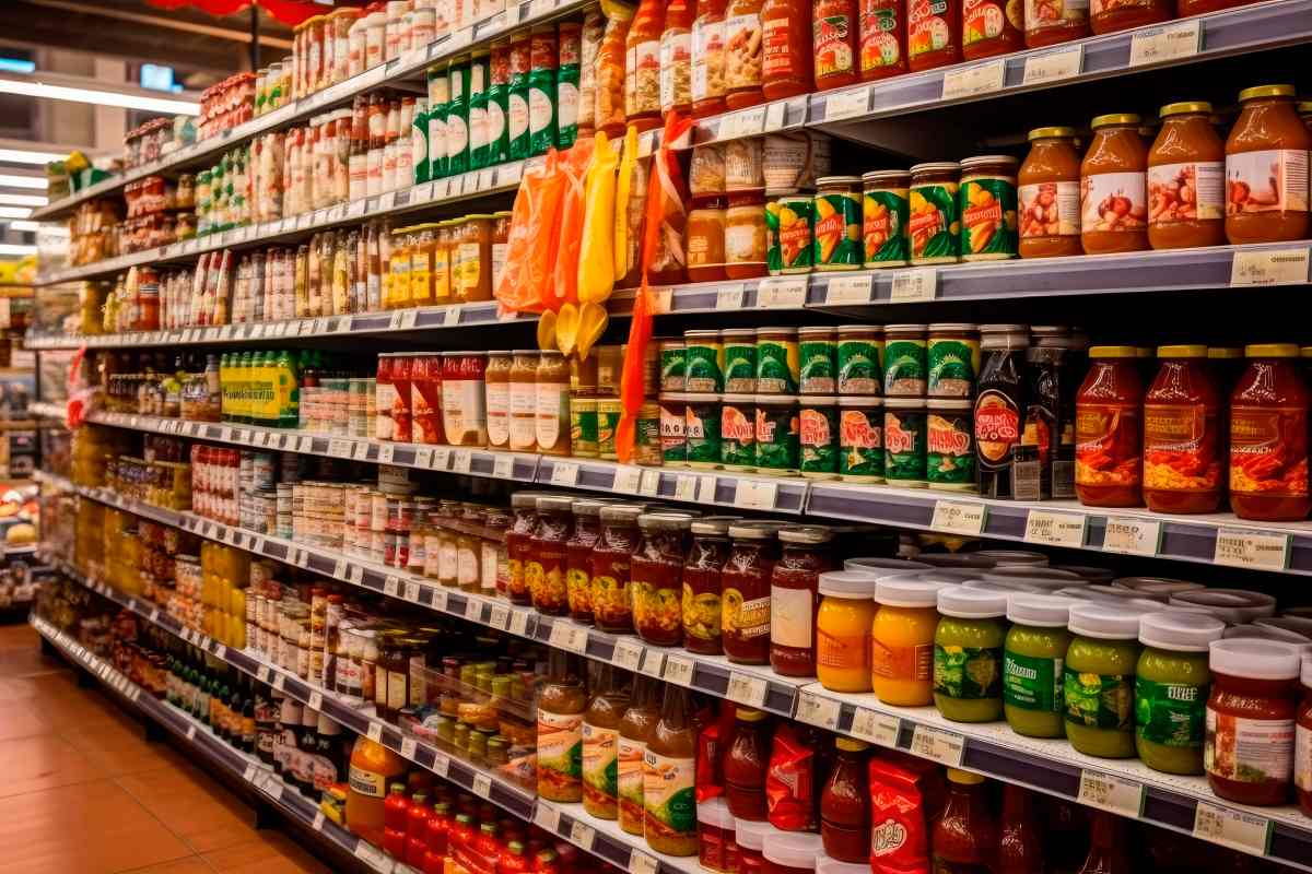 Lanes of shelves with goods products inside a supermarket. Variety of preserves and pasta. Shelves full and tidy.