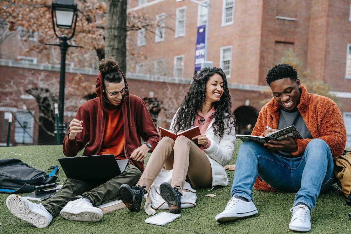 Cheerful-students-studying-on-grassy-lawn